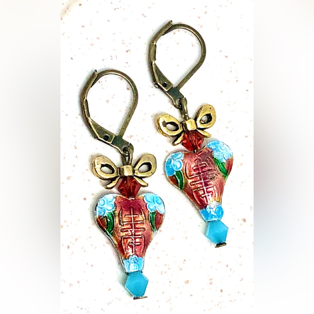 Victorian Valentine Red Blue Cloisonne Enamel Heart Gold Bow Leverback Earrings